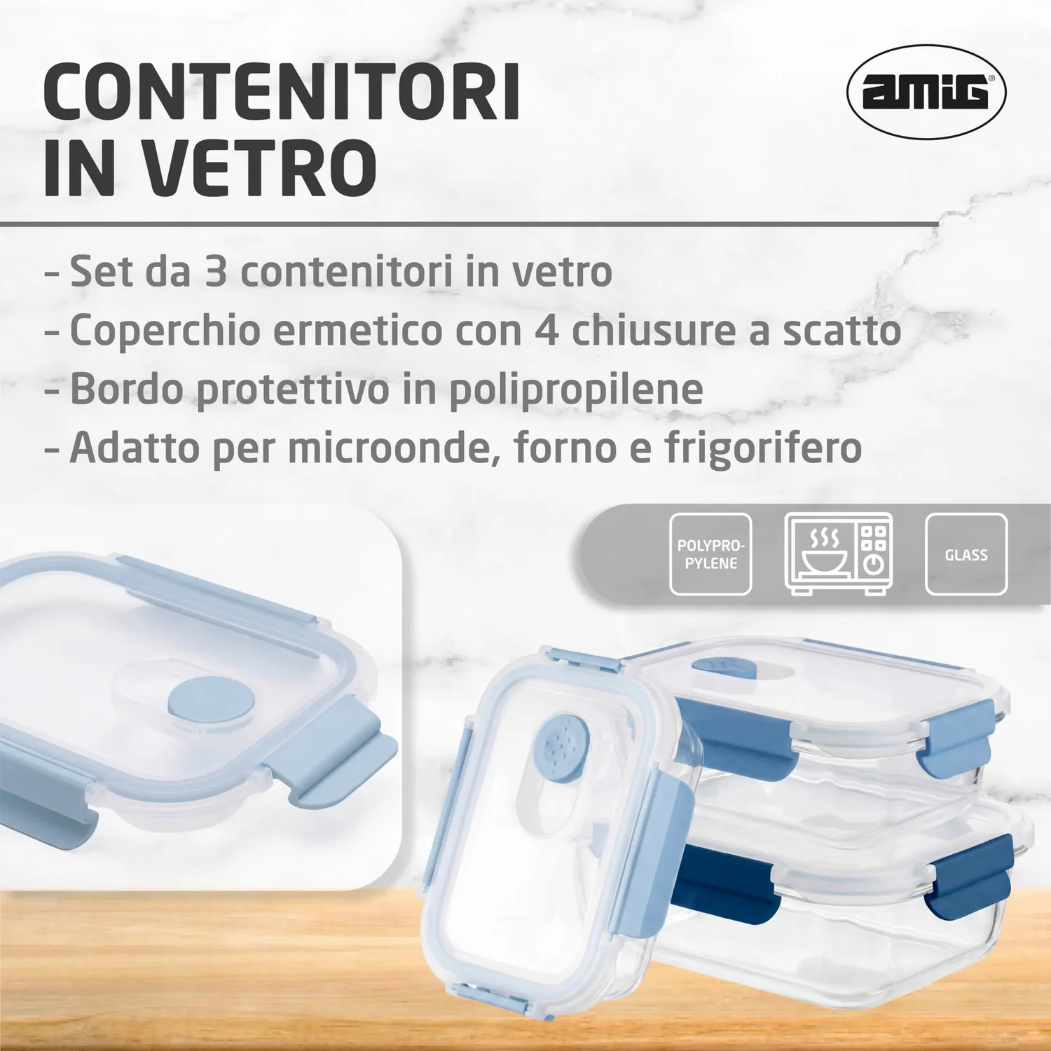 Amig 700 Set 3 Contenitori Vetro Ermetici 370-1050 ml Borosilicato