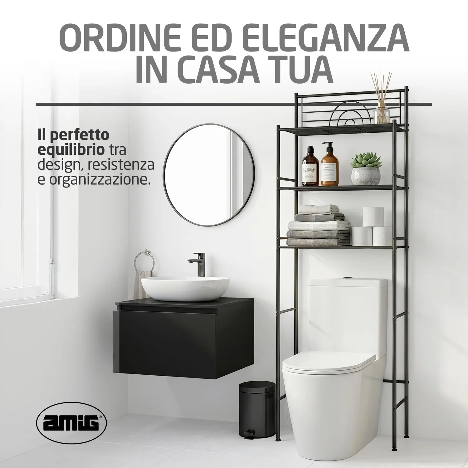Amig Oria mensola bagno sopra WC 3 ripiani nera