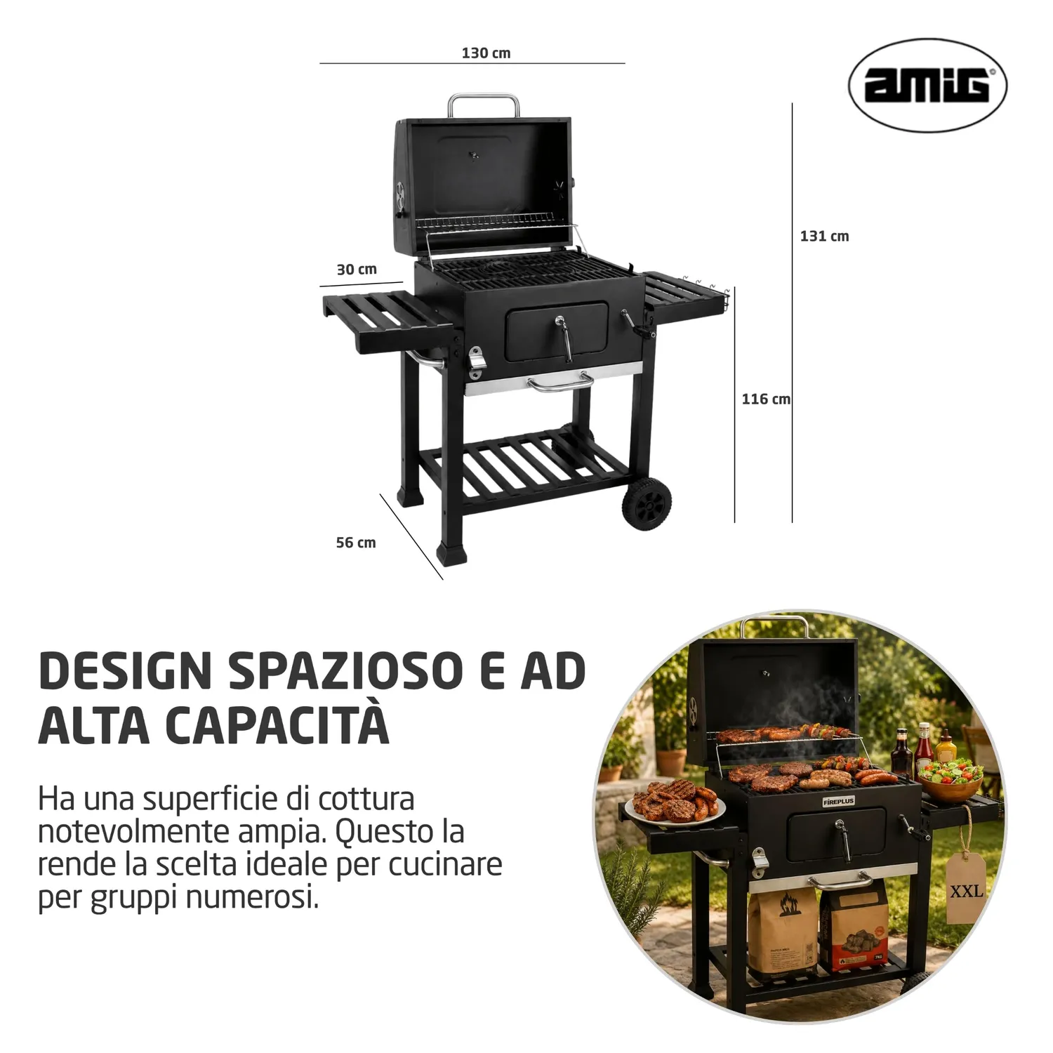 Amig Fireplus barbecue carbone portatile ruote 57x42 cm