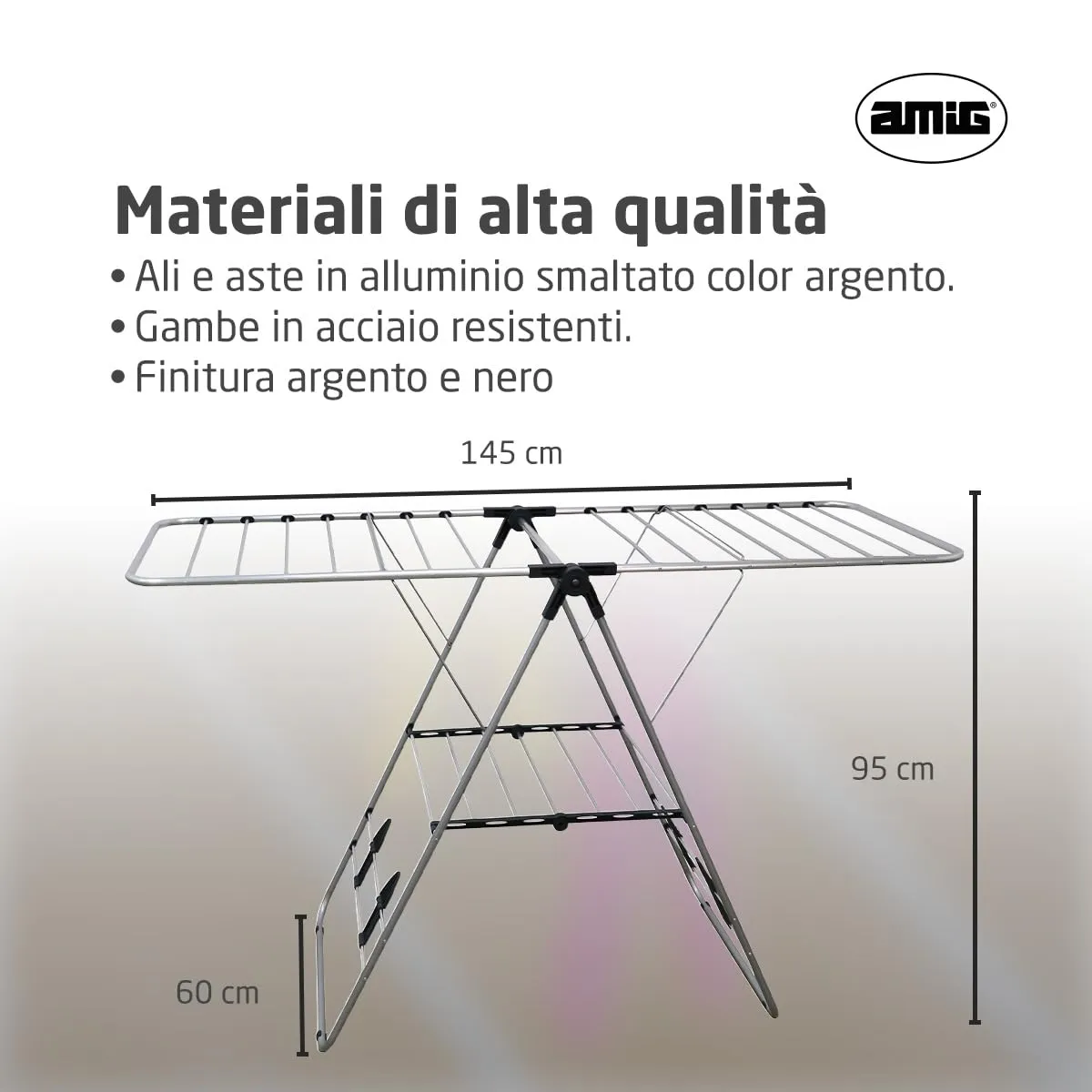 Amig Aeria UrbanDry Stendibiancheria 15 m Argento Nero 145 cm