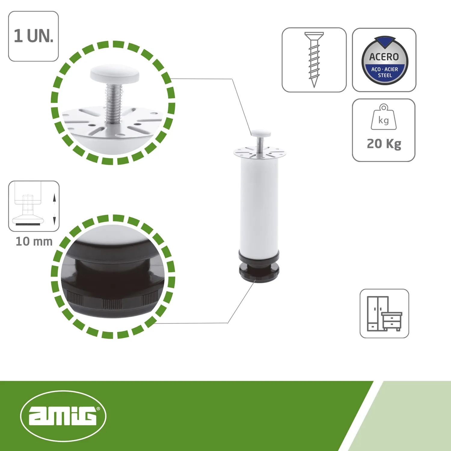 Amig Mod.5 gamba mobile 150 mm bianca regolabile