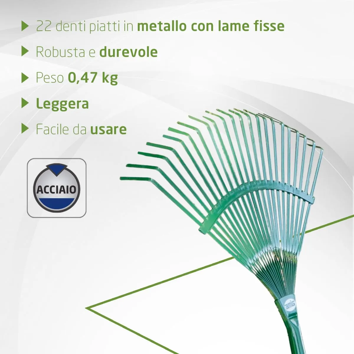 Amig rastrello giardino 22 denti acciaio verde 400 mm