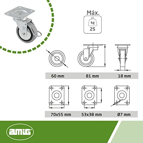 Amig 2503 Set 4 Rotelle Gomma Grigia 60mm con Freno
