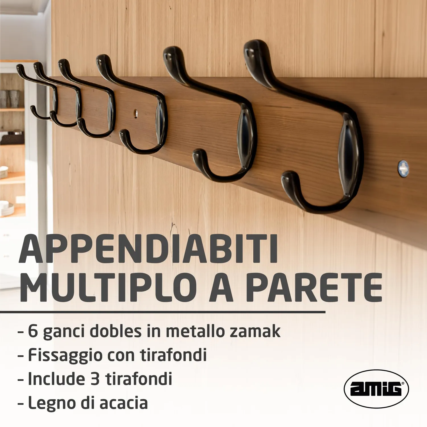 Amig CM37 Appendiabiti a Parete 680 mm Acacia Nero