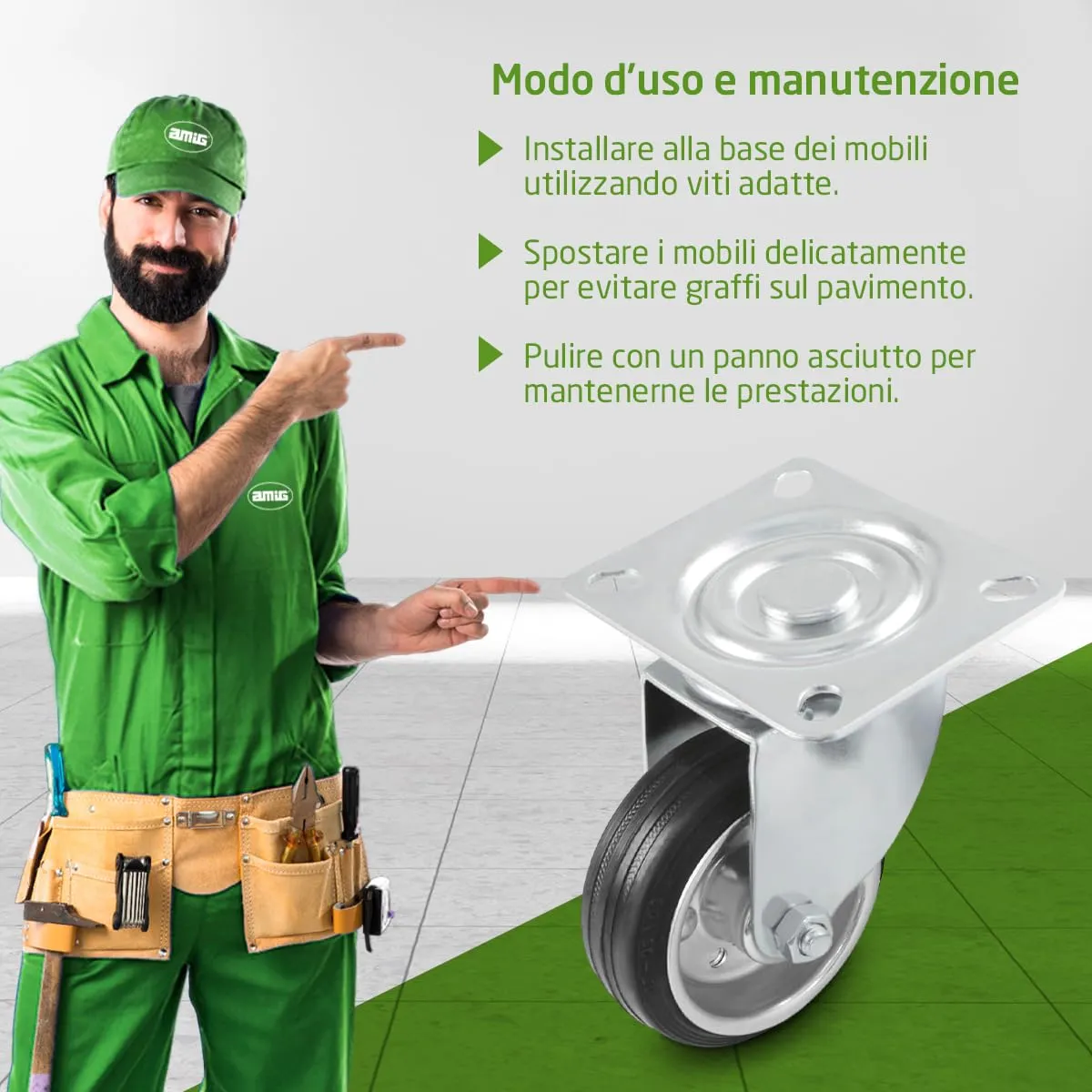 Amig set 4 ruote per mobili 100 mm gomma 90 kg