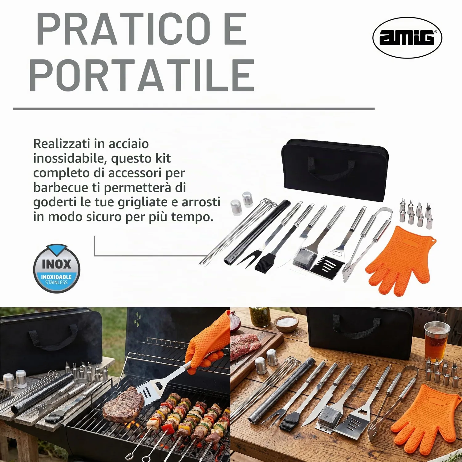 Amig AM18 Kit 28 Accessori Barbecue Inox in Valigetta