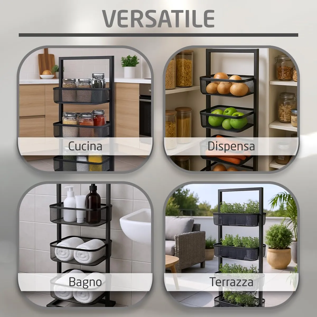 Amig carrello cucina 4 cesti 27,6x18x89,2 cm acciaio nero