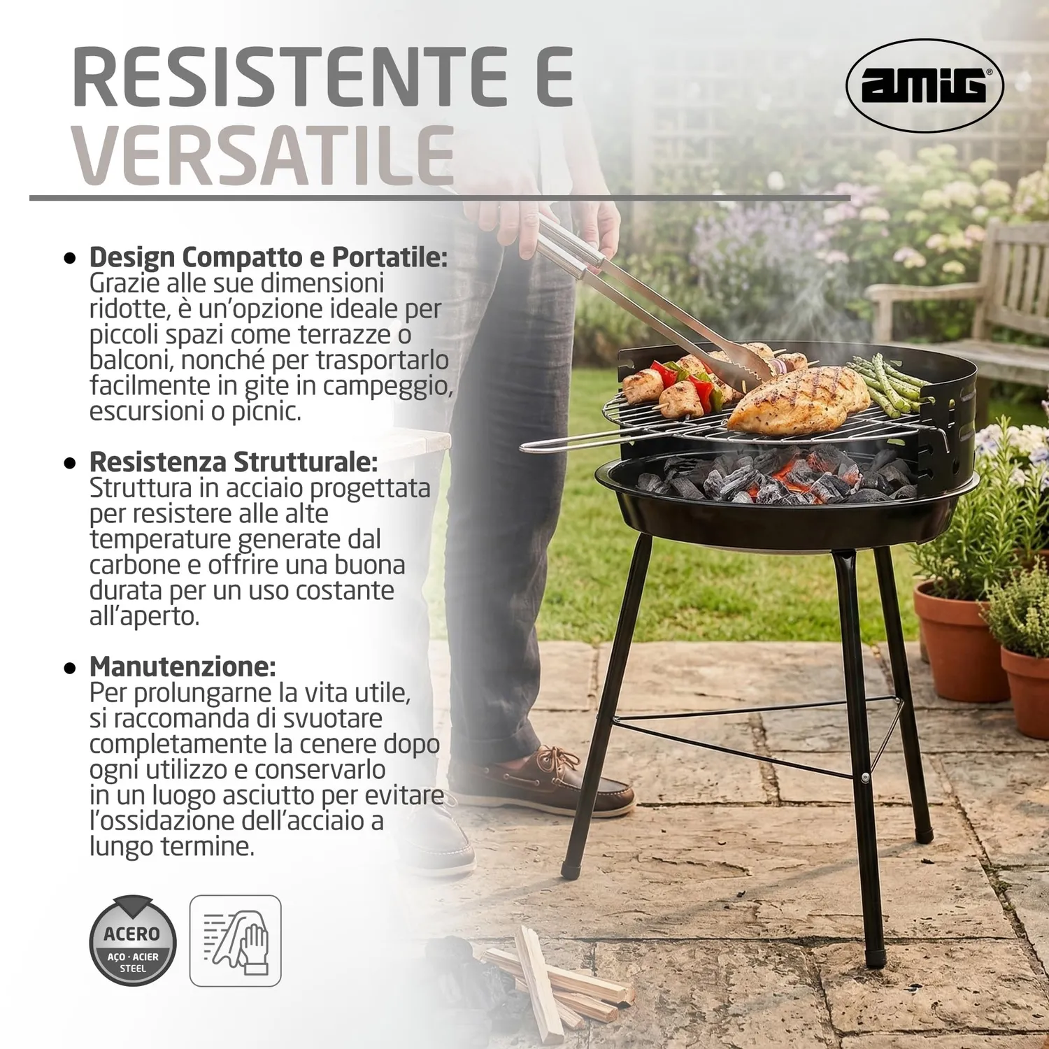 Amig Azkar barbecue a carbone nero 33x35x56 cm