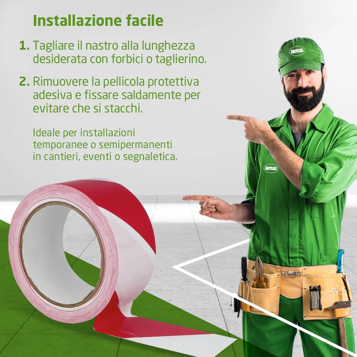 Amig nastro segnaletico adesivo rosso-bianco 50 mm x 30 m PVC