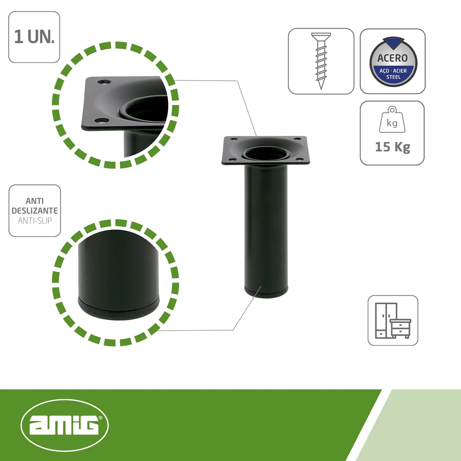 Amig Gamba Rotonda 100x30 Piedino Acciaio Nero Regolabile