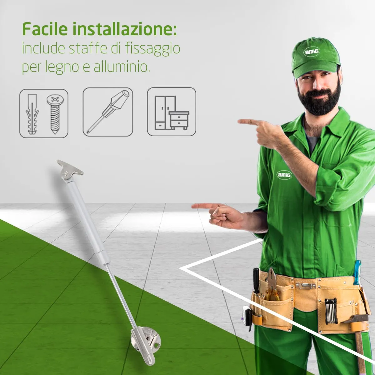 Amig compasso gas ante 8 kg pistone acciaio argento ribalta