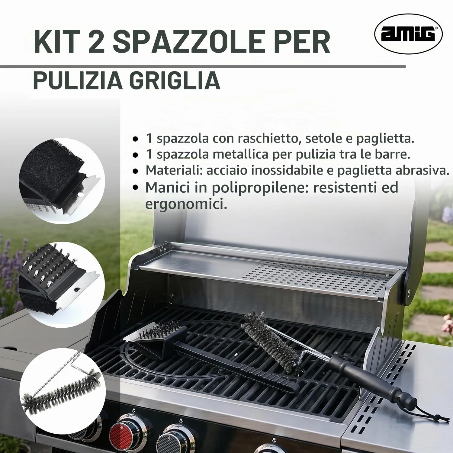 Amig AM23 kit pulizia barbecue 37x6 cm in acciaio inox