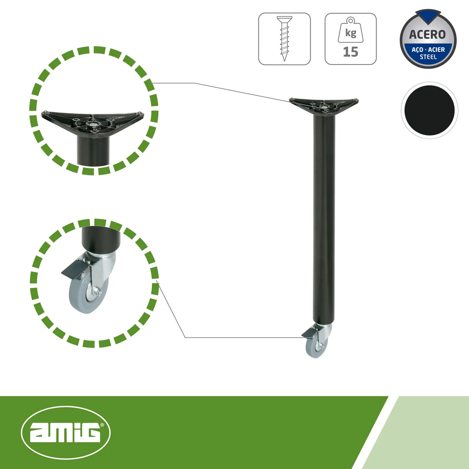 Amig Mod.7 gamba tavolo nera 870 mm ruote+freno