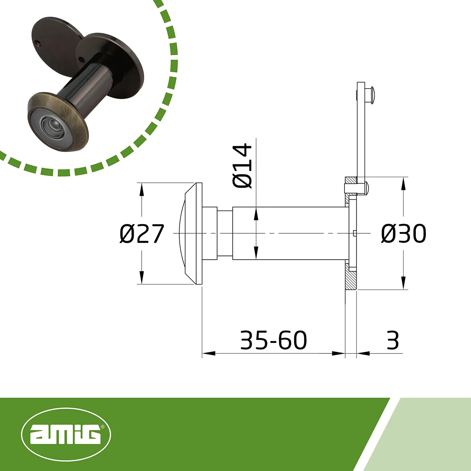 Amig 3 spioncino porta ottone bronzo 14 mm 35-60 mm