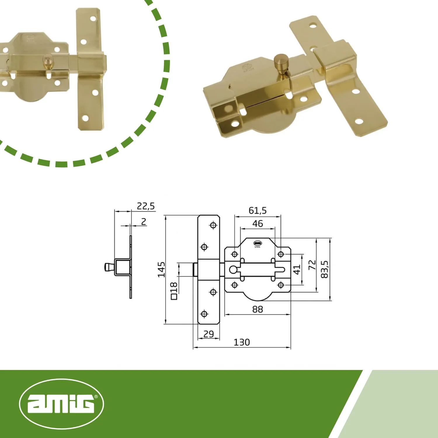 Amig catenaccio oro 88x131 mm chiavistello porte legno acciaio
