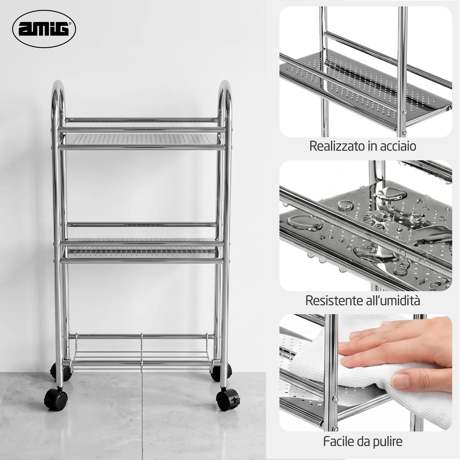 Amig Brisa carrello bagno stretto 3 ripiani con ruote