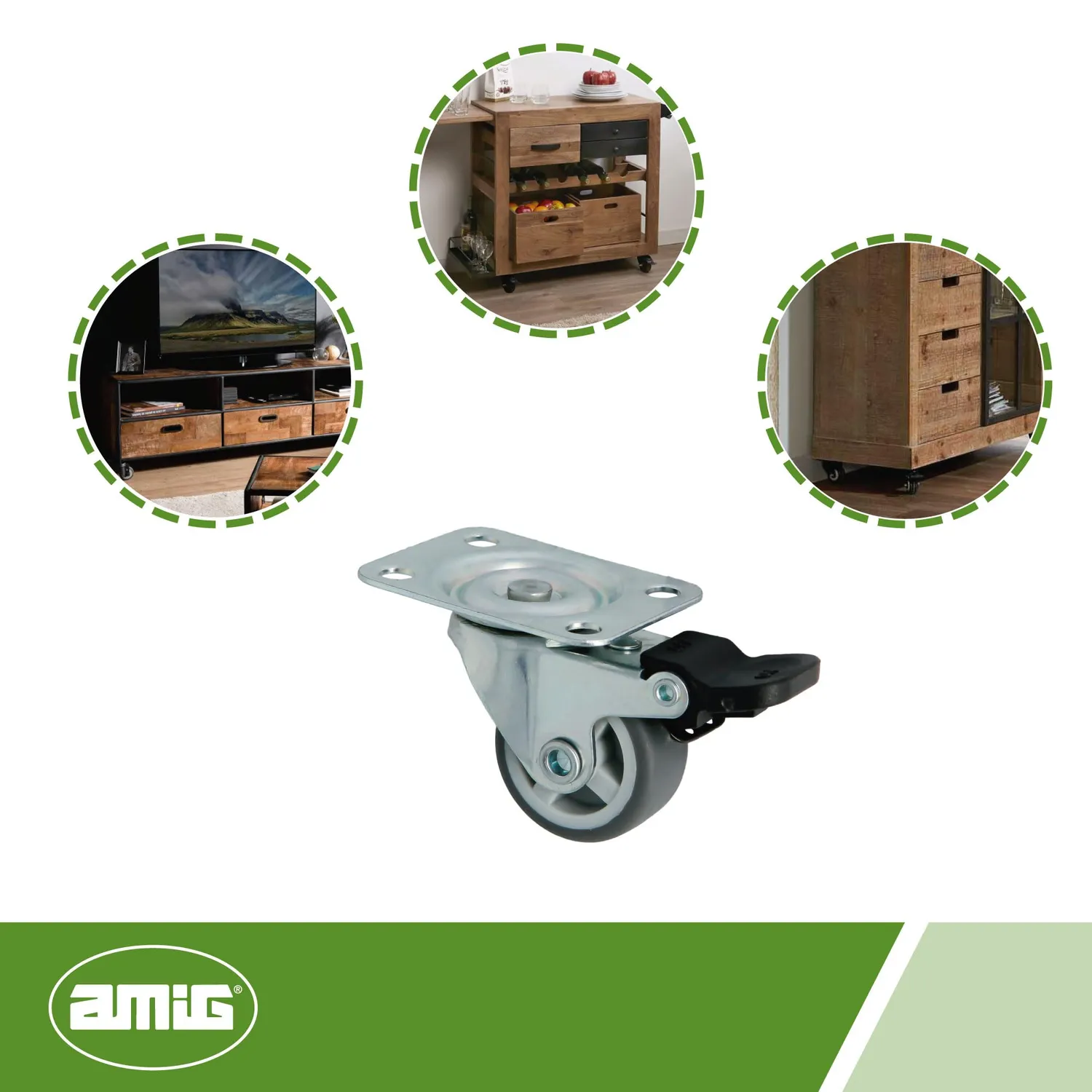 Amig 1309 Ruota Girevole con Freno Ø25 mm 40 kg Grigia