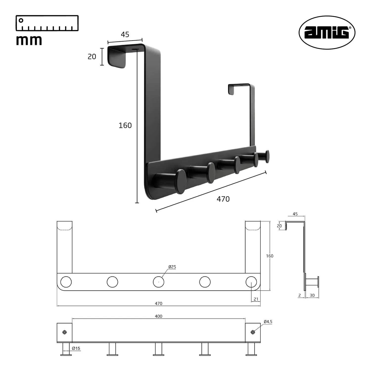 Amig CP41 appendiabiti da porta nero acciaio