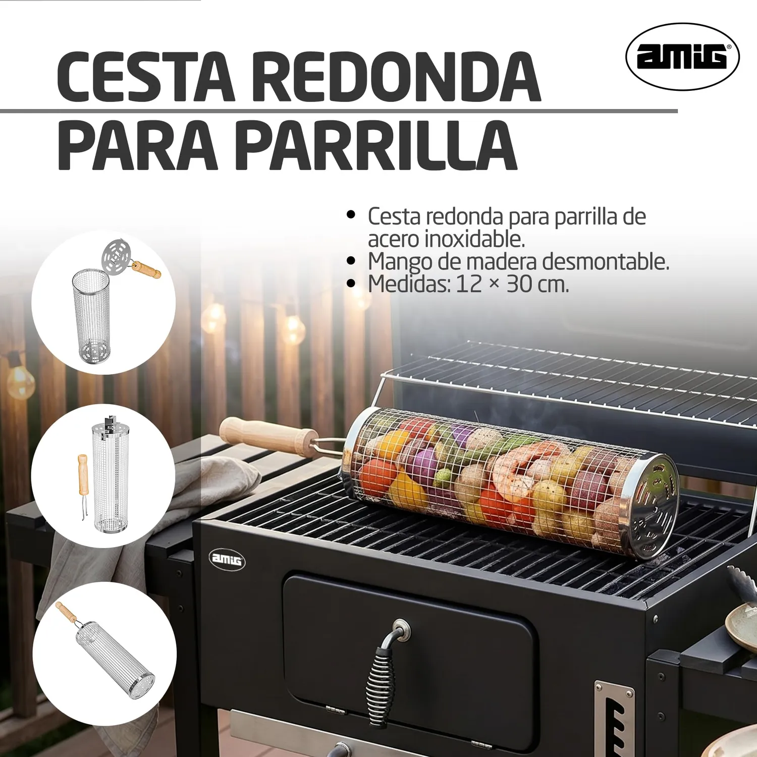 Amig AM28 cesta barbecue rotonda 30 cm inox manico legno