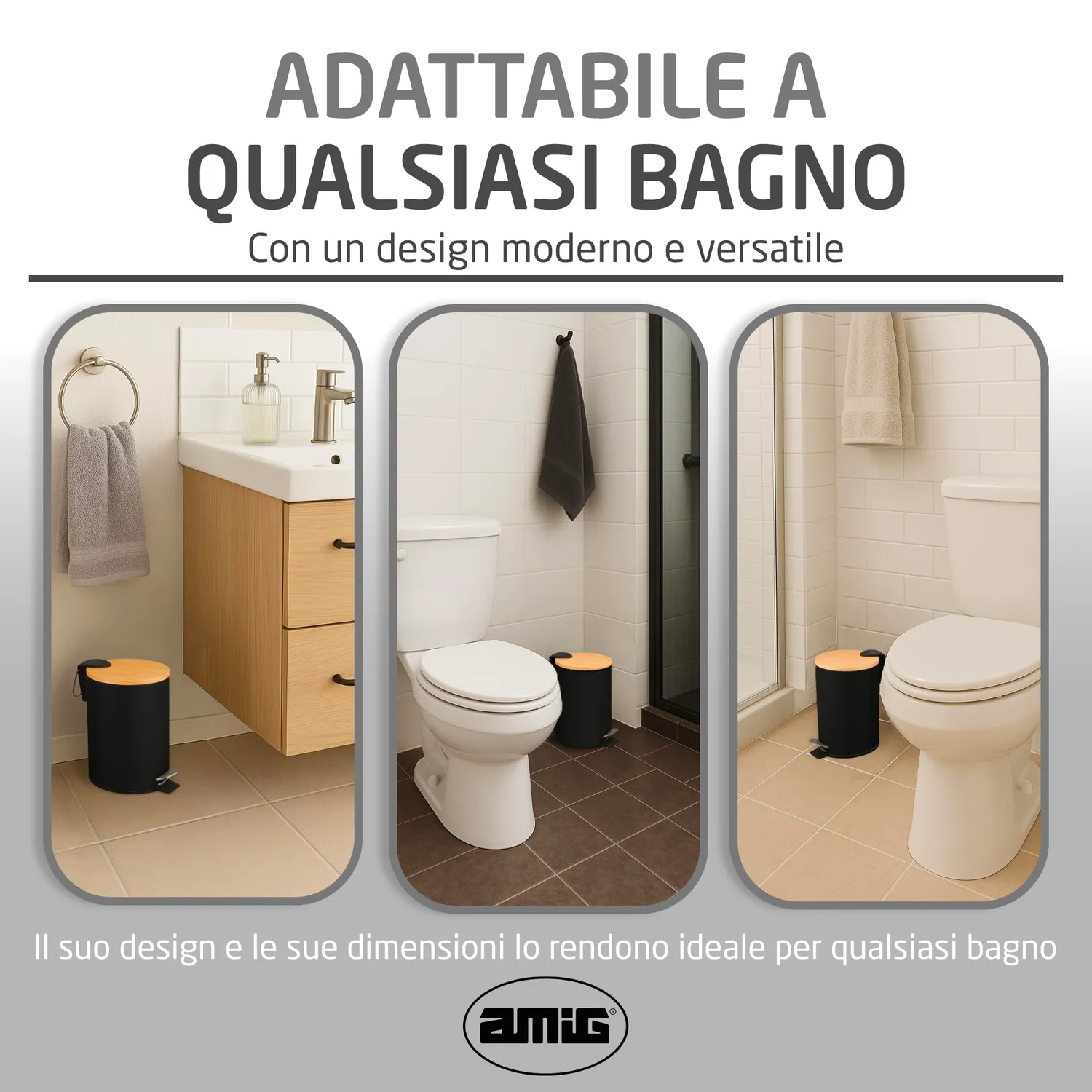Amig Naturline Pattumiera Bagno 5 L Nera Pedale Bambu