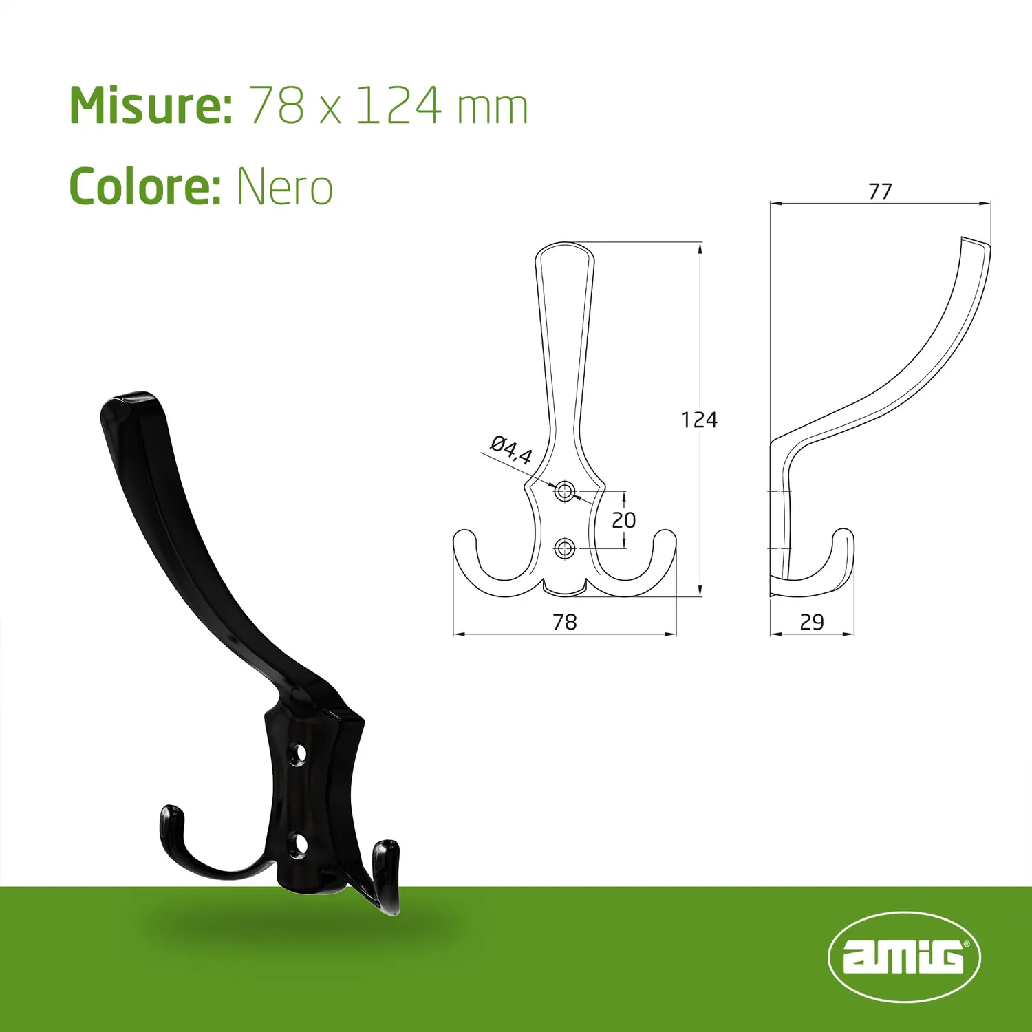Amig CS33 appendiabiti da parete nero 3 ganci zamak