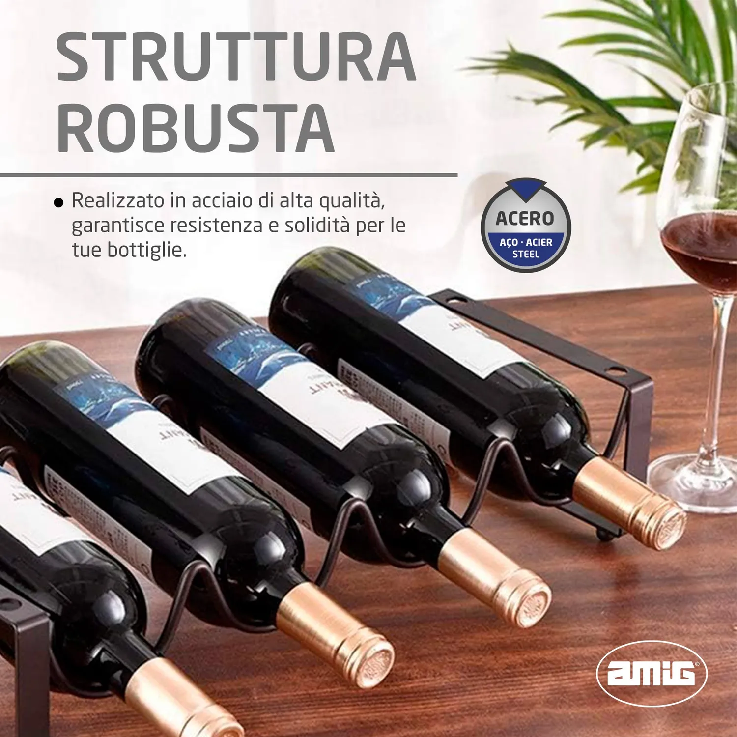 Amig Portabottiglie Acciaio Nero 4 Bottiglie 41x20,5 cm