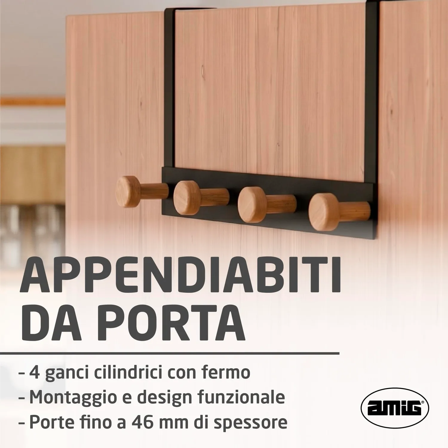 Amig CP47 appendiabiti per porta nero acciaio e legno