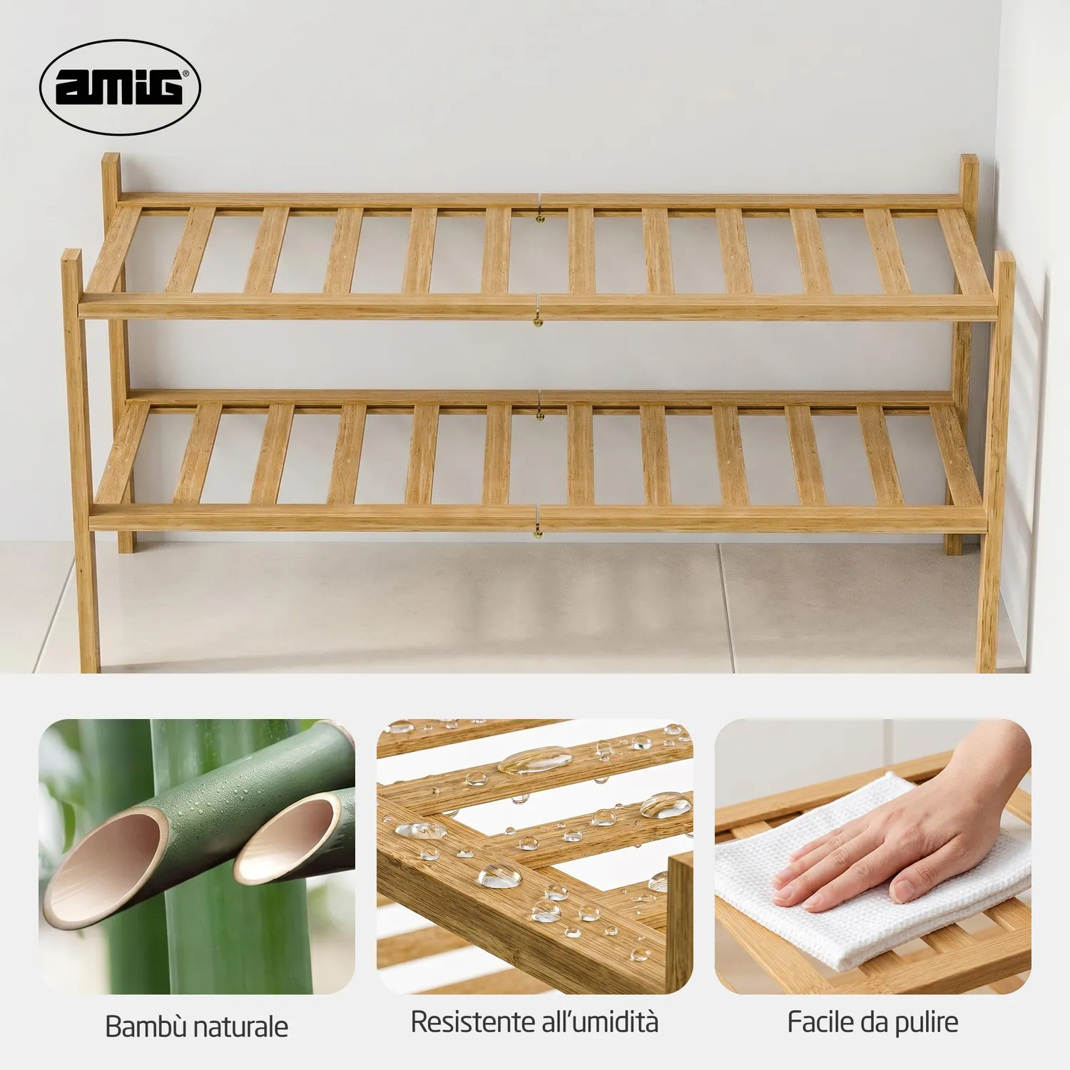 Amig Boo scarpiera bambù 2 ripiani 70x27x40 cm listelli