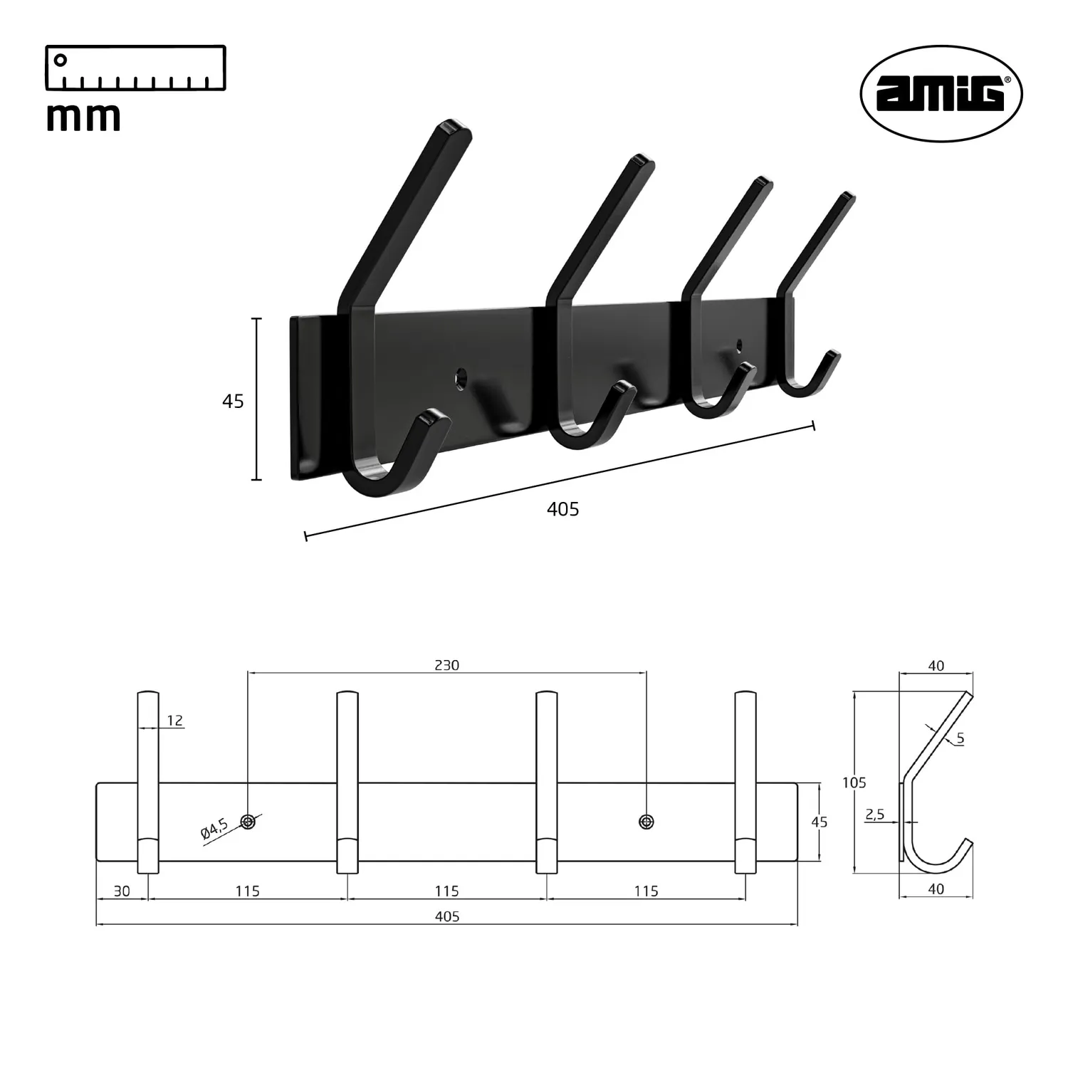 Amig CM38 appendiabiti muro 405 mm acciaio nero