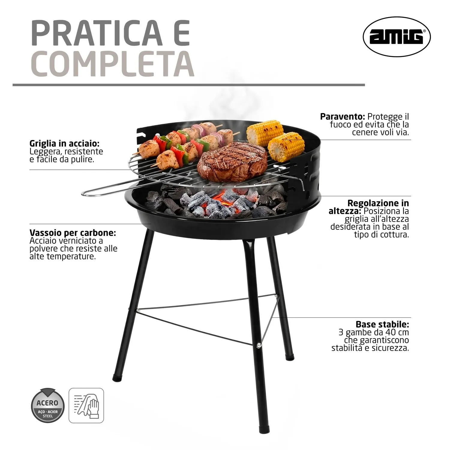Amig Azkar barbecue a carbone nero 33x35x56 cm