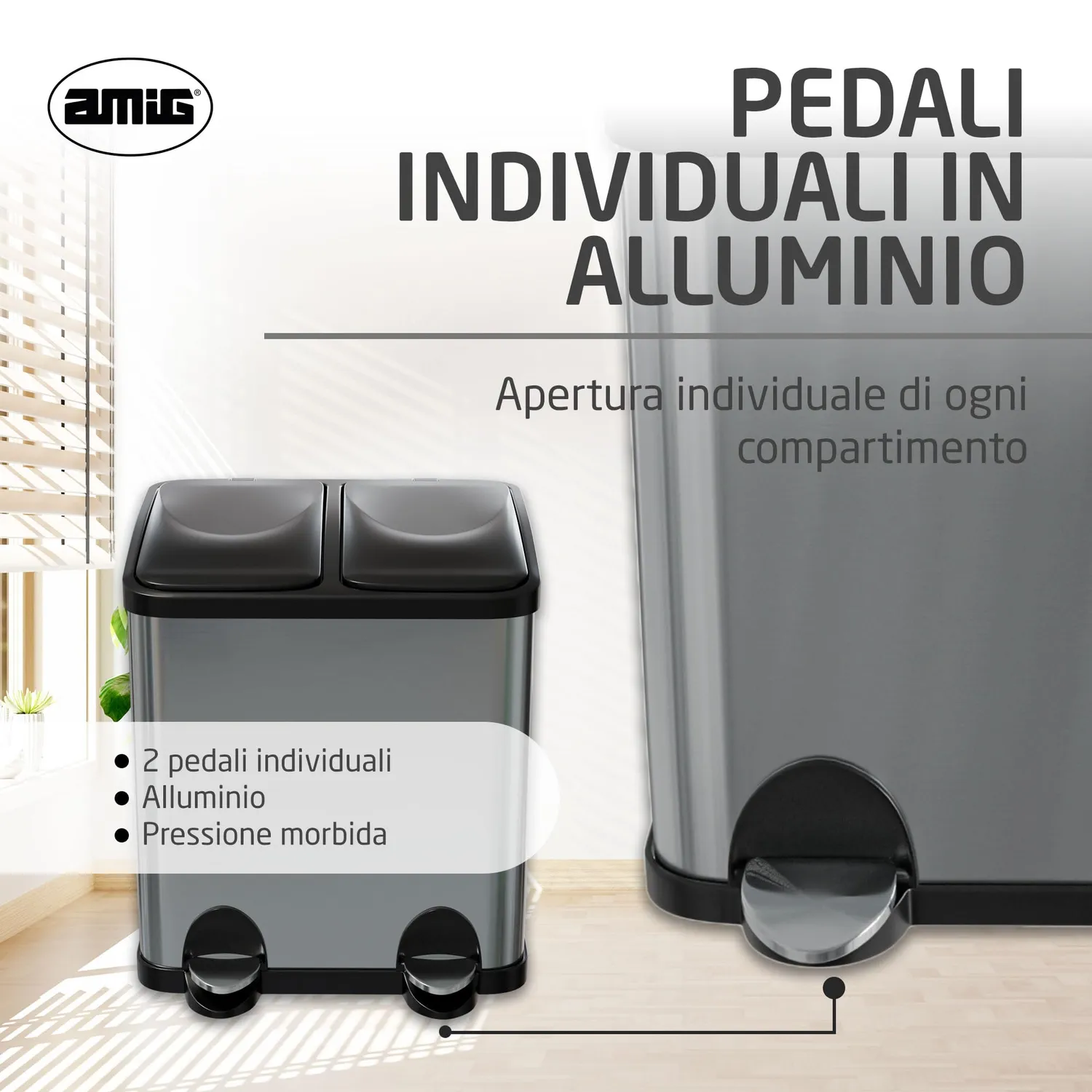 Amig Recik2 Pattumiera Doppia Pedale 2x15 L Inox Anti-impronta