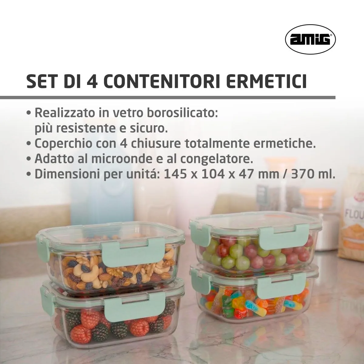 Amig set 4 contenitori vetro ermetici 370 ml verde