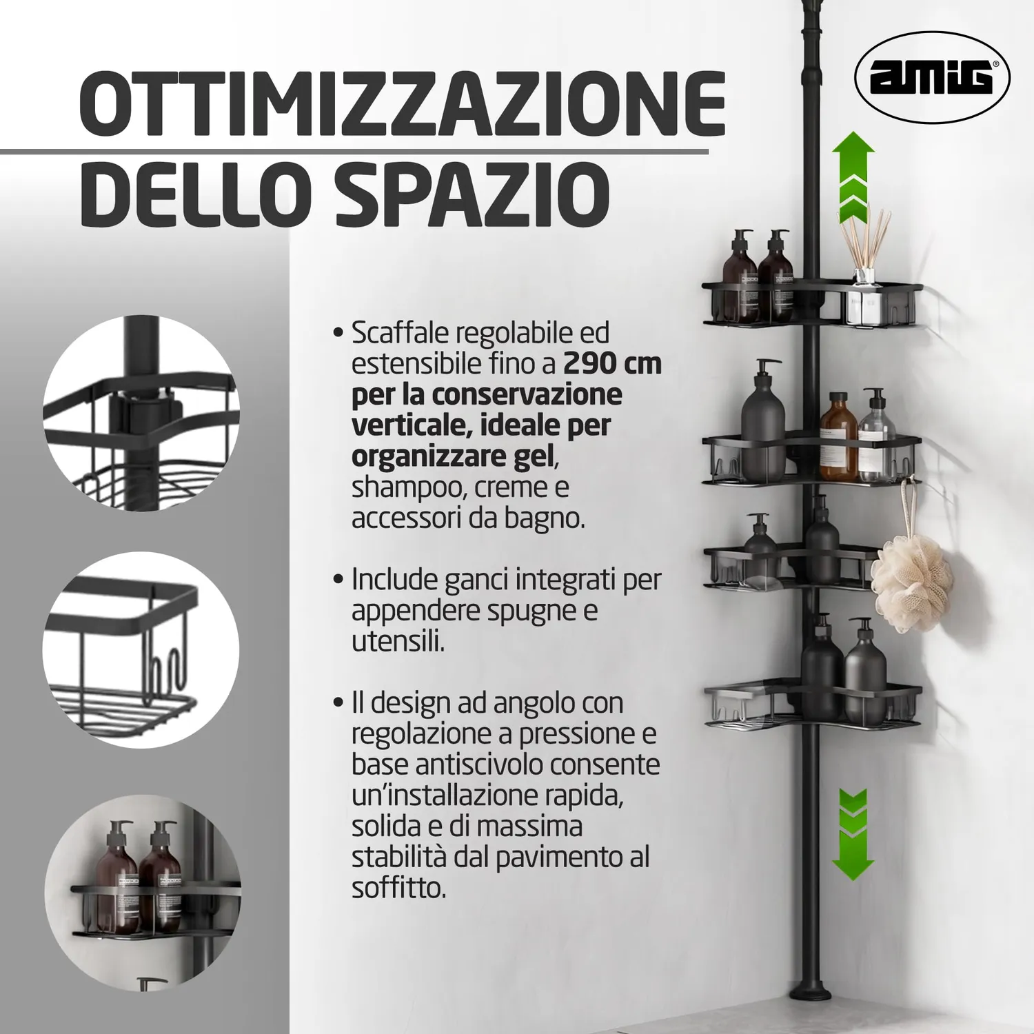 Amig Mensola Doccia Telescopica 290 cm Acciaio Nero 4 Ripiani