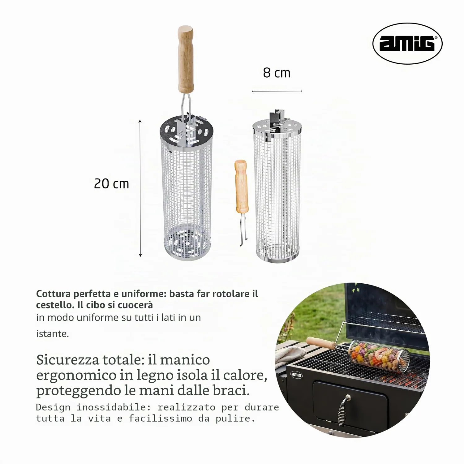 Amig AM28 Cesta Barbecue Rotonda 8x20 cm Inox Legno