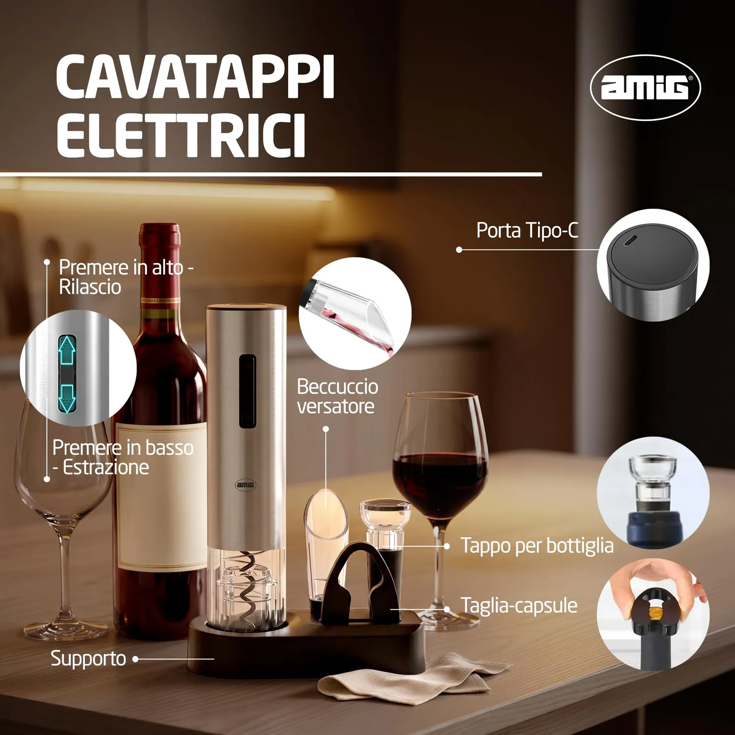 Amig Set Cavatappi Elettrico Ricaricabile Tipo C