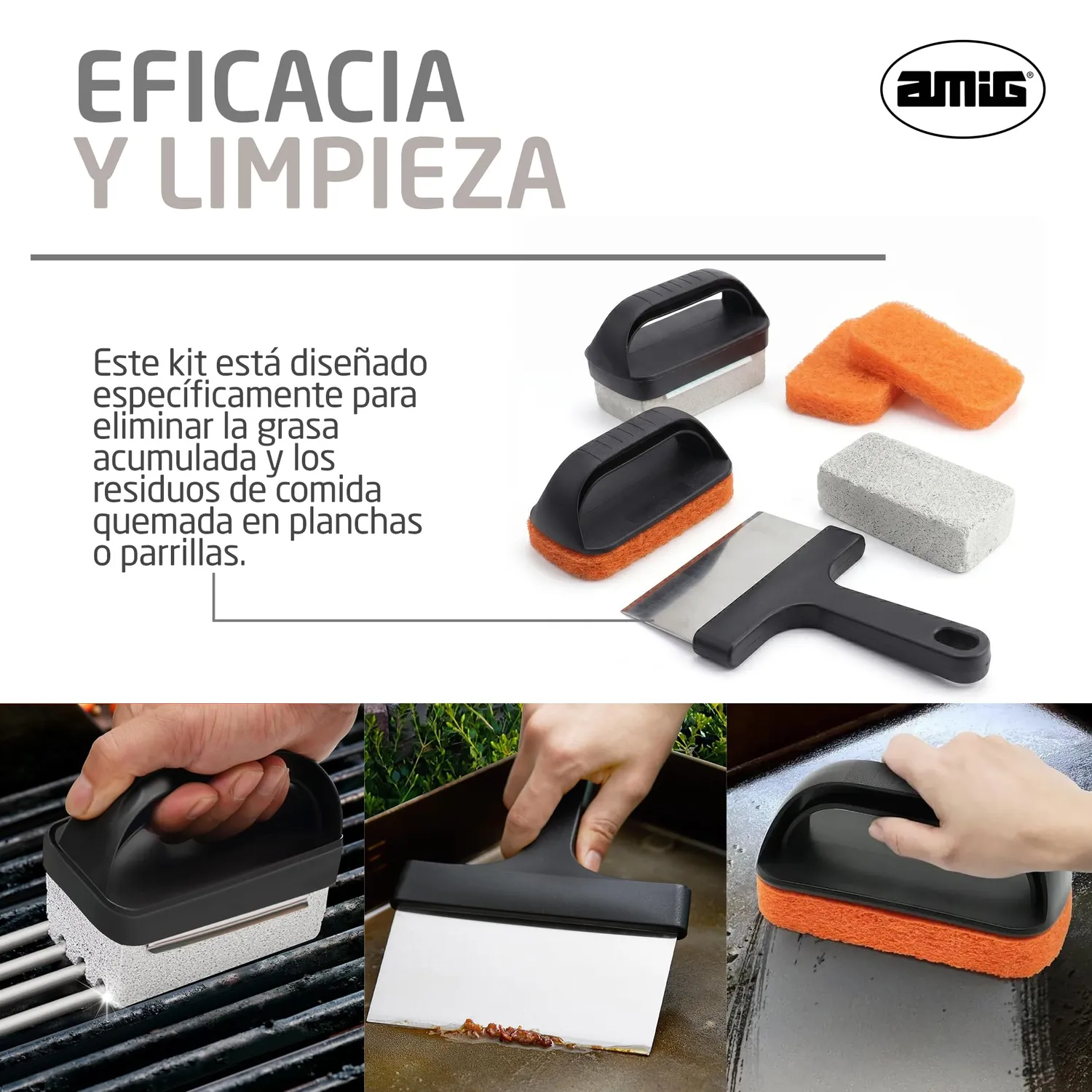 Amig AM22 Kit 8 Accessori Pulizia Barbecue con Raschietto