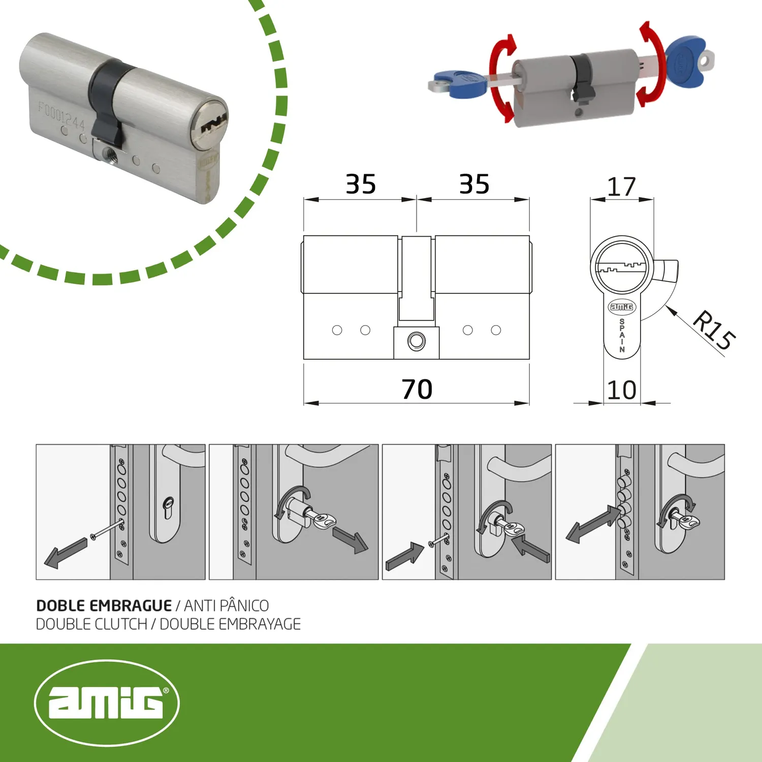 Amig 1PLUS catenaccio con cilindro 70 mm (35-35) acciaio