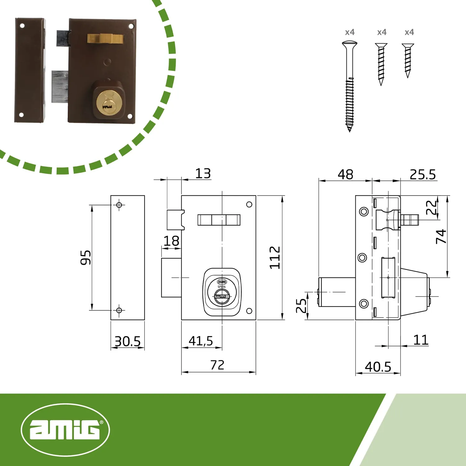 Amig 75 Serratura Sovrapposizione Sinistra Marrone 72x112 mm