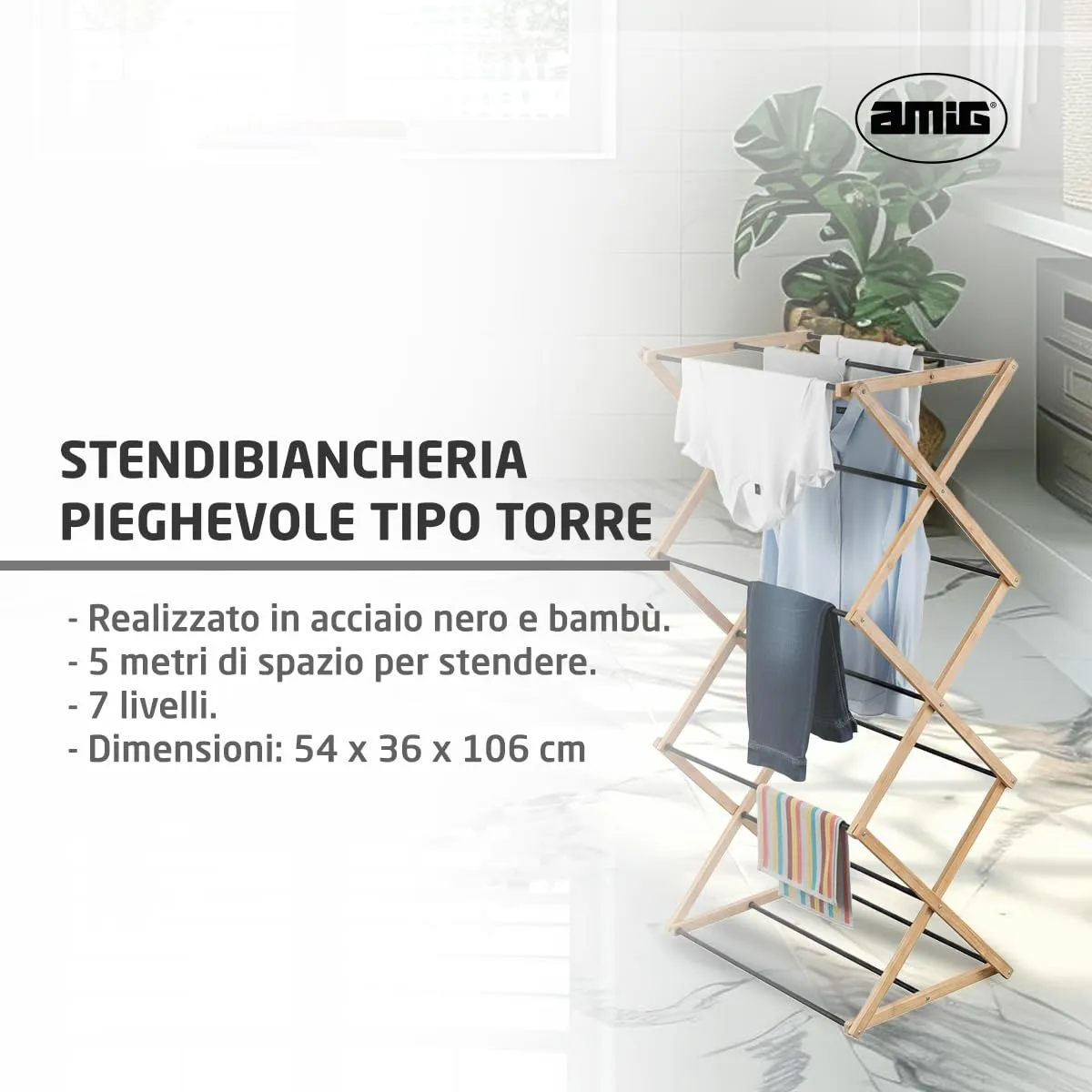 Amig Aeria ZenRack Stendino Torre Nero Bambù 5 m
