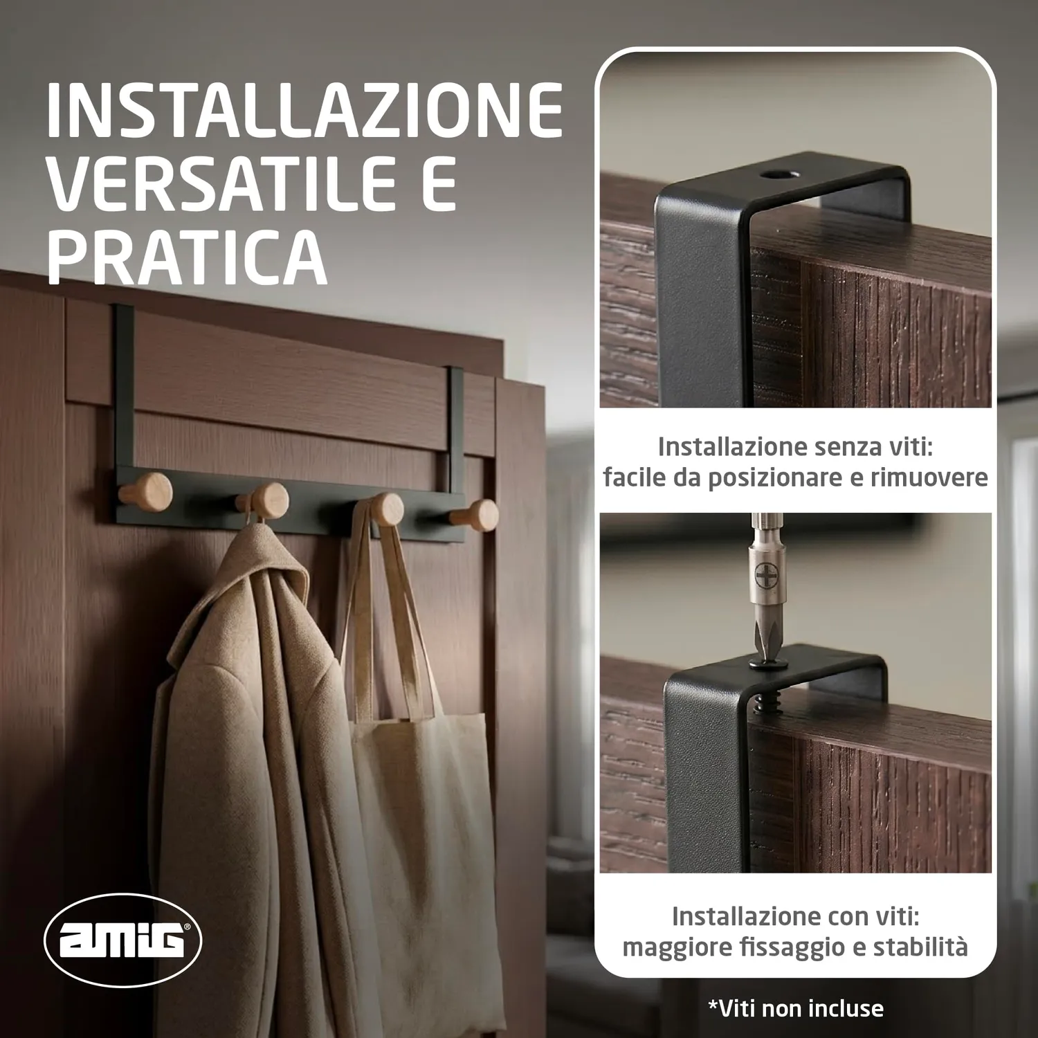 Amig CP47 appendiabiti per porta nero acciaio e legno