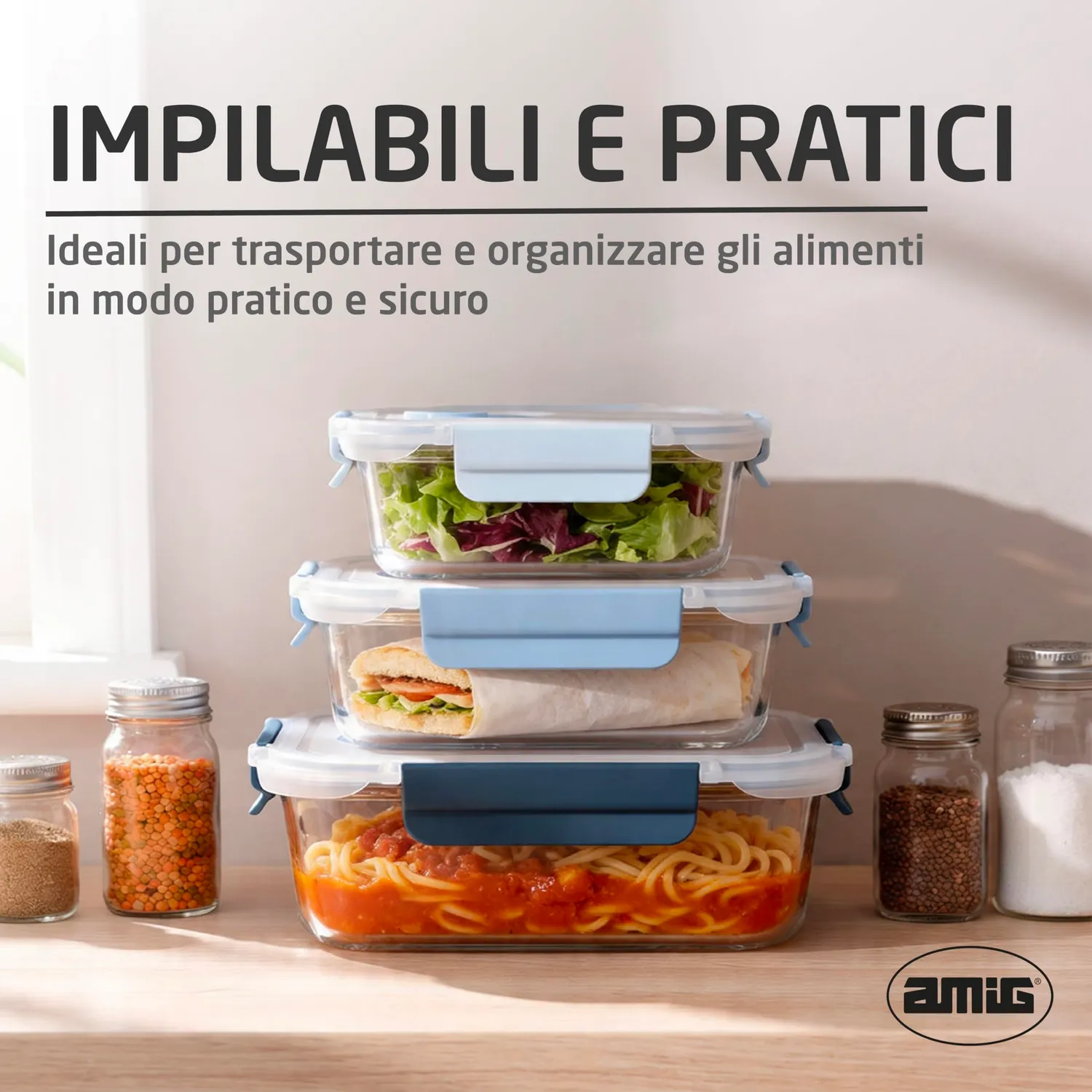 Amig 700 Set 3 Contenitori Vetro Ermetici 370-1050 ml Borosilicato