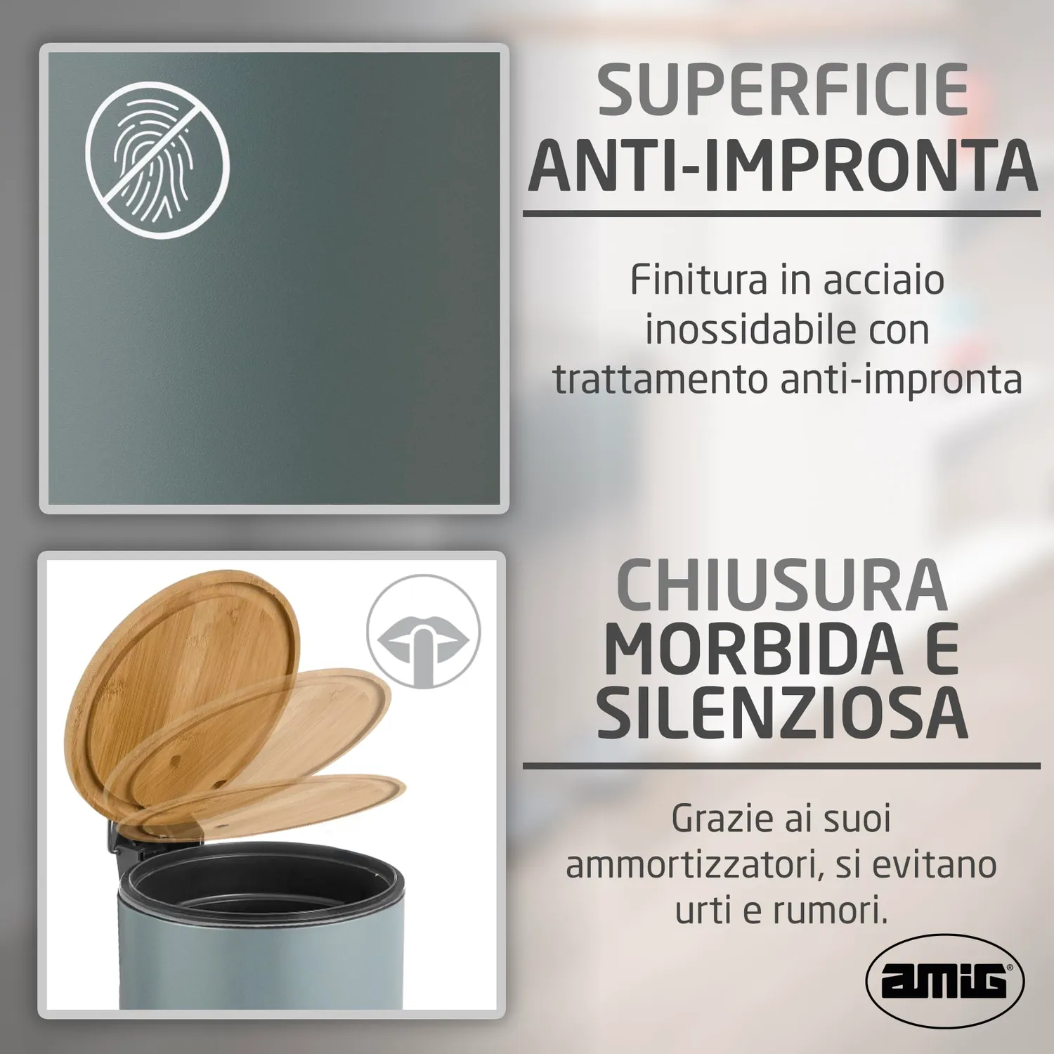 Amig Naturline pattumiera bagno 3 litri grigia con bambù