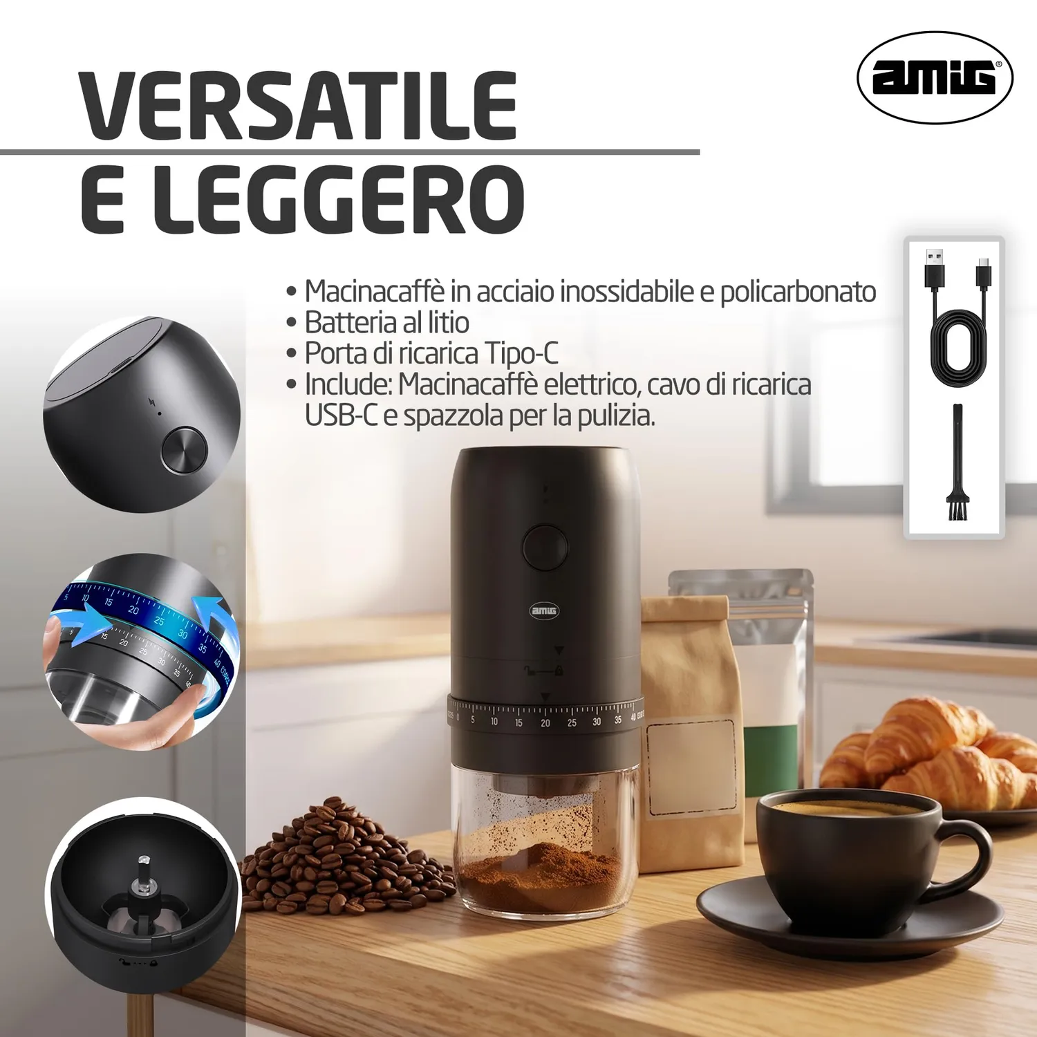 Amig macinacaffè elettrico USB-C portatile 40 livelli