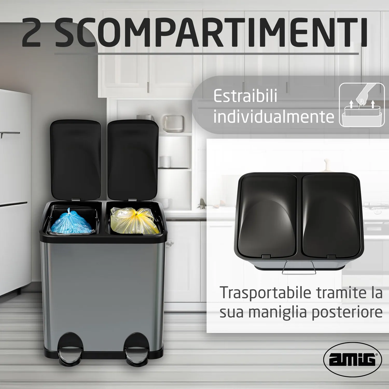 Amig Recik2 Pattumiera Doppia Pedale 2x15 L Inox Anti-impronta