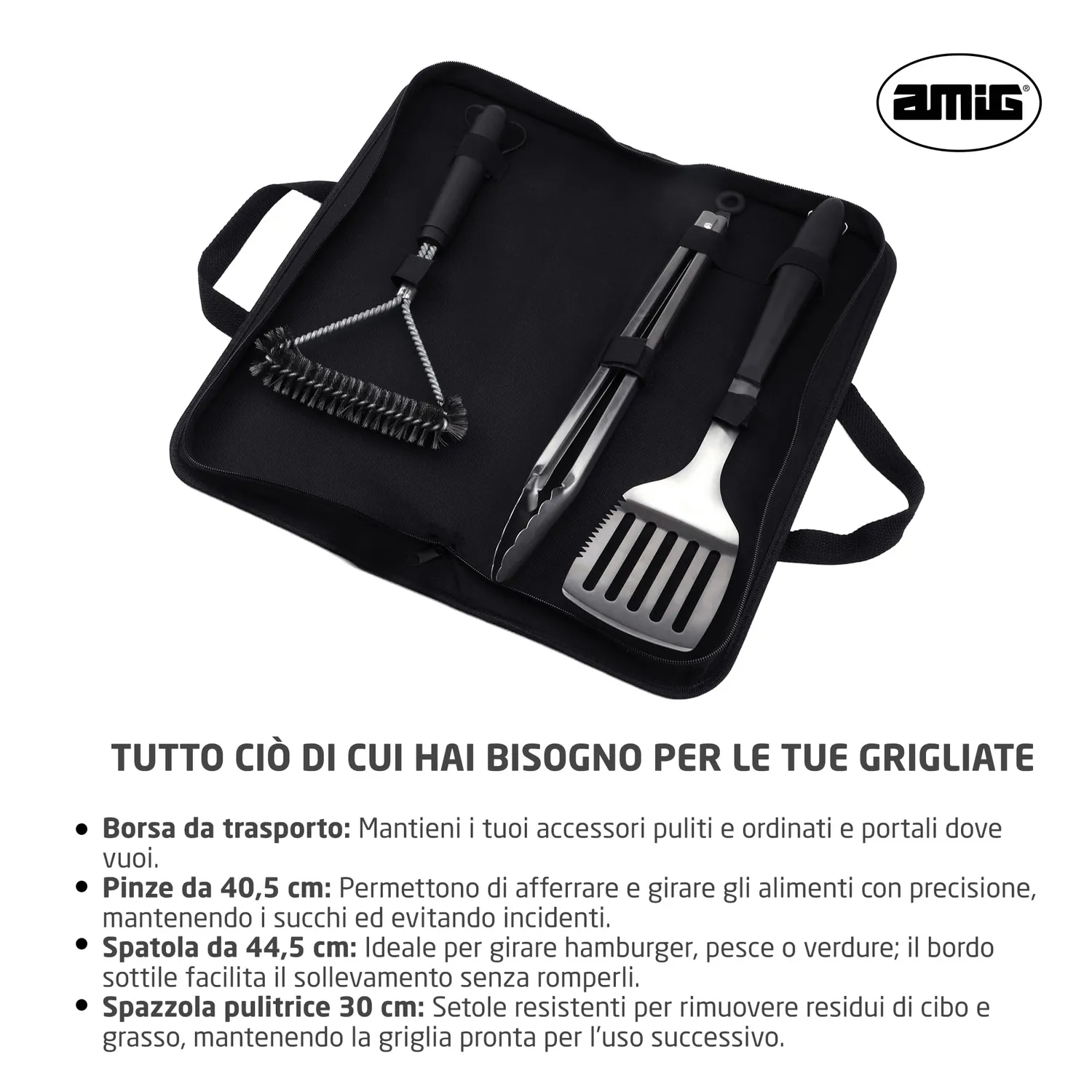 Amig AM02 Kit 3 Accessori Barbecue Inox Custodia