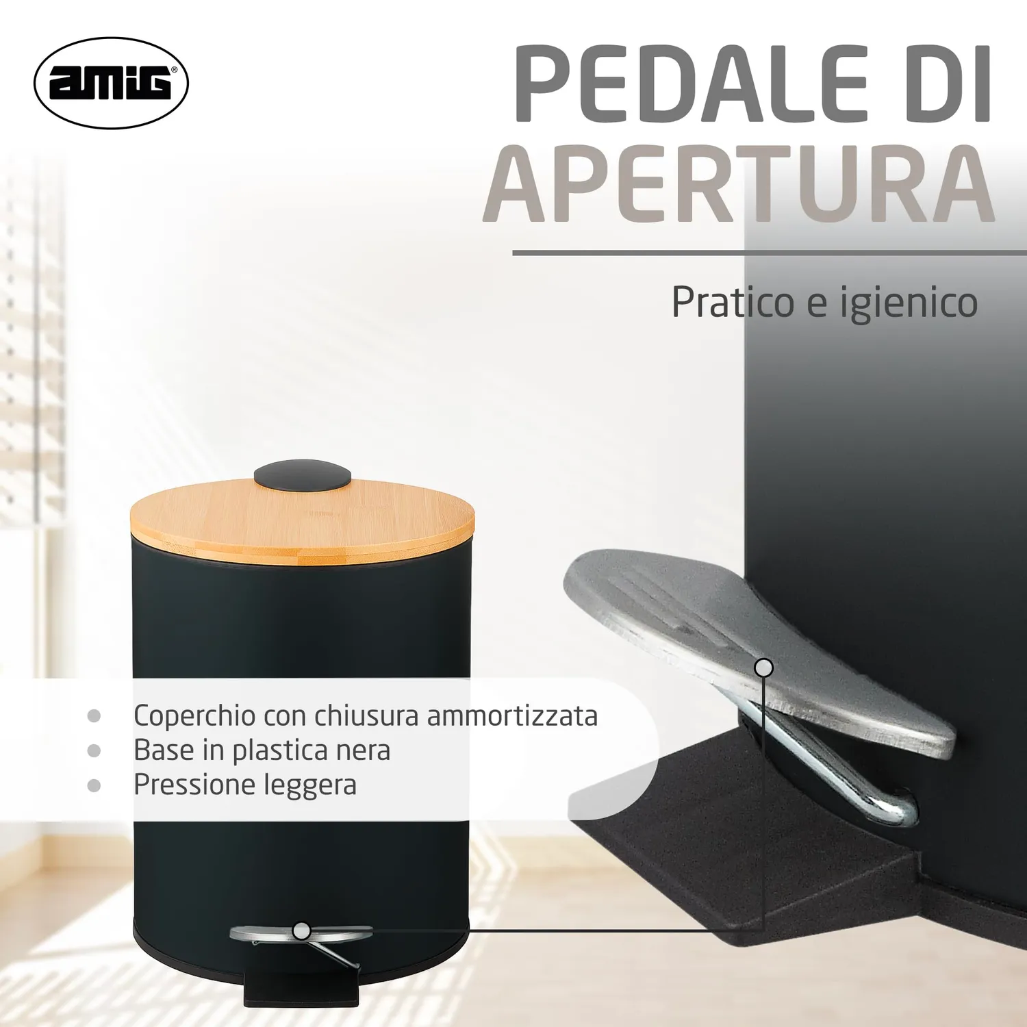 Amig Naturline Pattumiera Bagno 5 L Nera Pedale Bambu