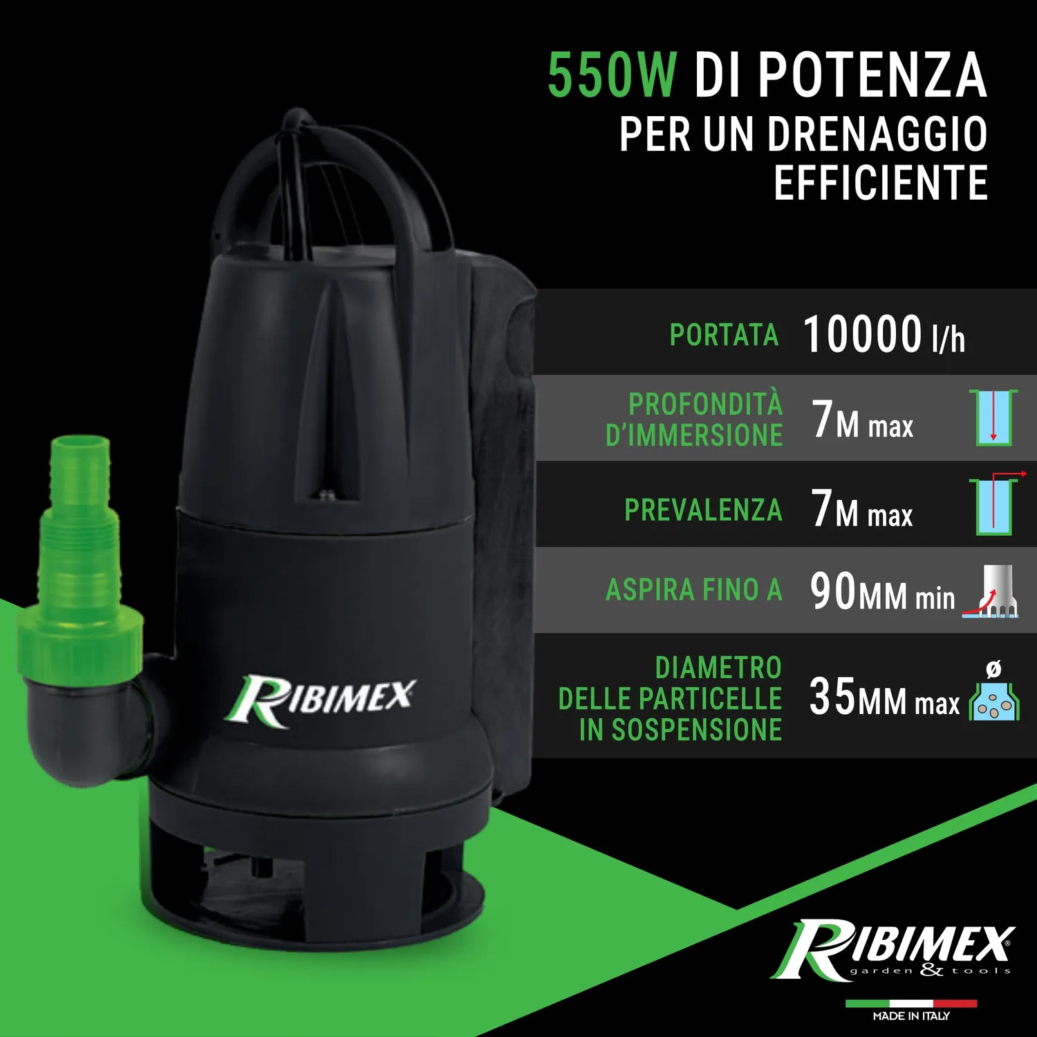 Ribimex 550W Pompa Sommersa Acque Scure 10000 L/h