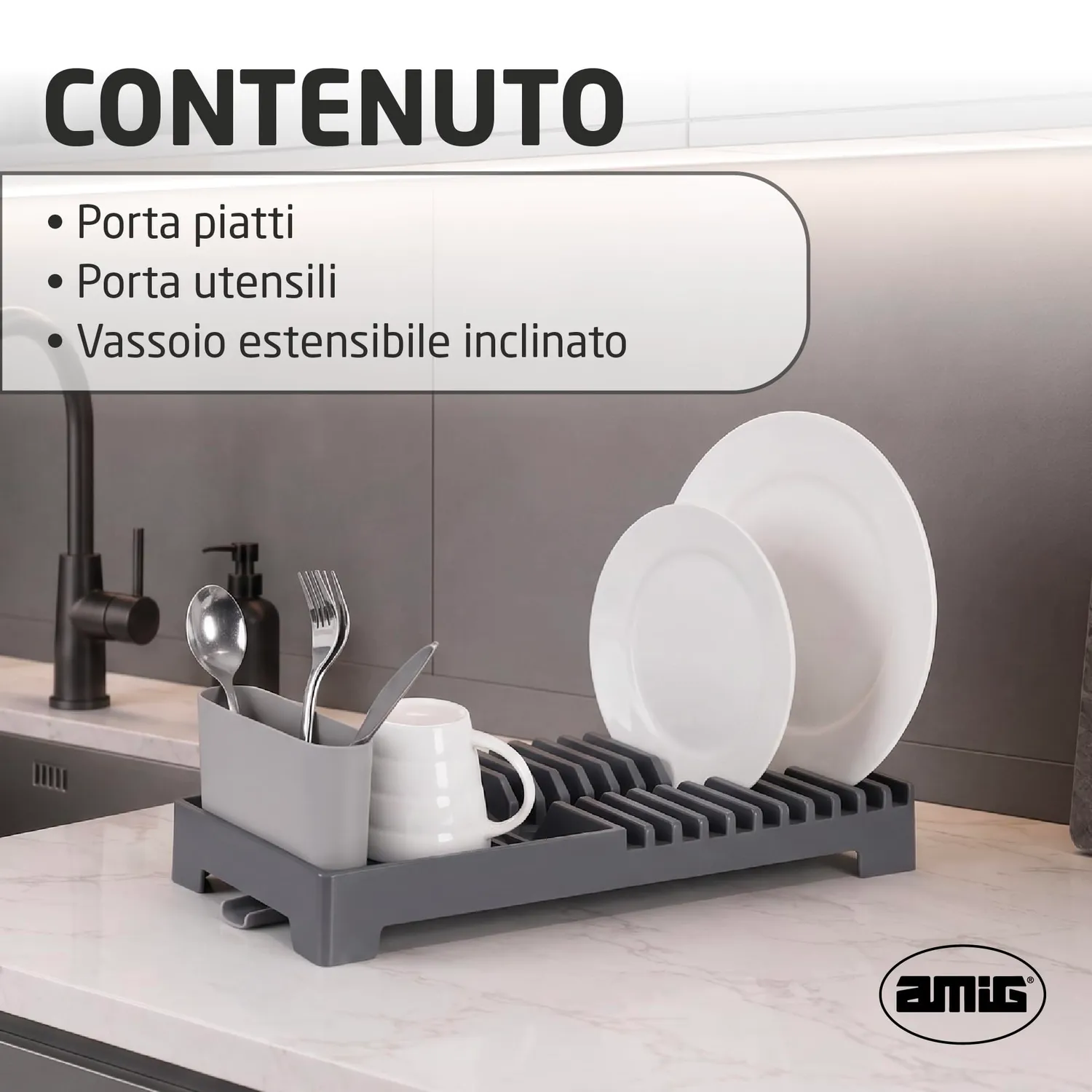 Amig Easy scolapiatti con scarico grigio 46 cm