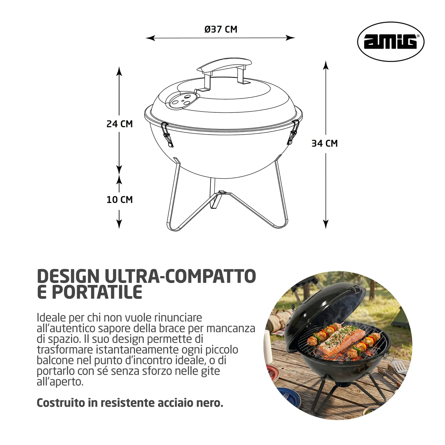 Amig Krypta barbecue carbone 37x37x45 cm nero
