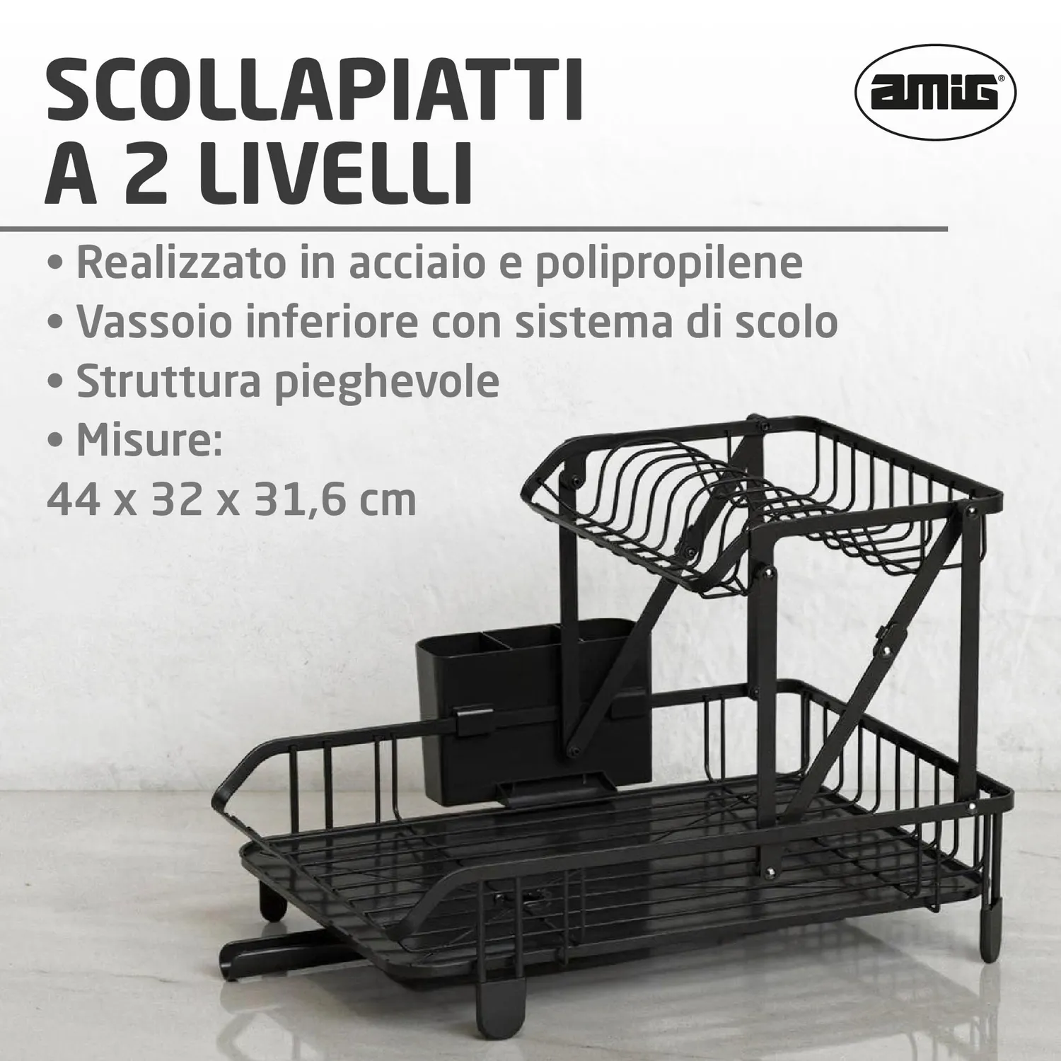 Amig Torn Scolapiatti Pieghevole 2 Piani Nero 44x32 cm